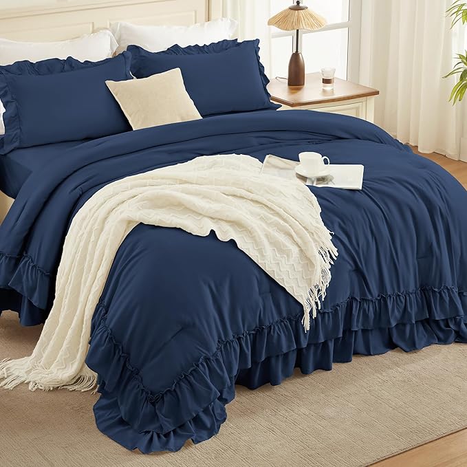 Andency Navy Blue King Comforter Set (104x90Inch), 3 Pieces Ruffle Comforter Set with 2 Pillowcases, Farmhouse Shabby Chic Lightweight Fluffy Soft Microfiber All Season Bed Set