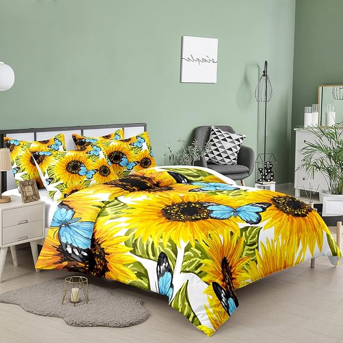 Tailor Shop Yellow Comforter Sets Full Size Girls Sunflower Bedding Set Butterfly Comforter for Kids Women with 1 Comforter 1 Pillowcase