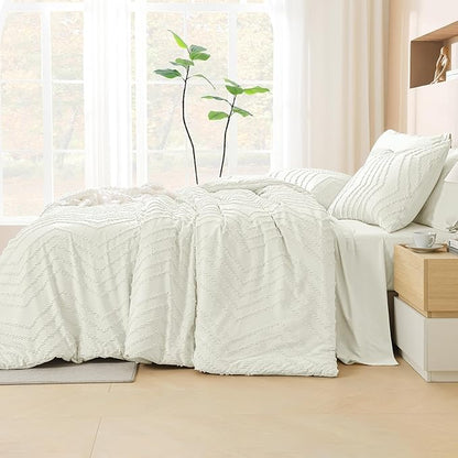 Litanika Twin XL Comforter Set Ivory - Boho Tufted Shabby Chic Bed in a Bag for College Dorm, 5 Pieces Fluffy Soft Farmhouse Bed Set for All Seasons