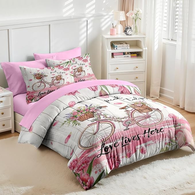 Nesker 7 Pcs Spring Comforter Set Queen Size, Pink Tulips Bicycle Bedding Set for Kids and Adults, Farmhouse Bed Sheet Sets with Fitted Sheet 2 Pillowcases & 2 Shams