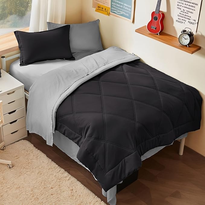 Joiedomi Twin Comforter Set with Sheets Black, 5 Pieces Twin Bedding Sets with 1 Down Alternative Comforter, 1 Flat Sheet, 1 Fitted Sheet, 1 Pillowcase and 1 Pillow Sham, Bed in a Bag for All Seasons