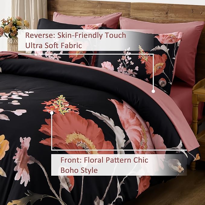DJY Floral King Comforter Set - 7 Pieces Black & Blush Floral Bed in a Bag with Flower Leaves Pattern, Soft Microfiber Botanical Comforter and Sheet Set, All Season Bedding Set (104''x90'')