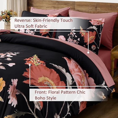 DJY Floral King Comforter Set - 7 Pieces Black & Blush Floral Bed in a Bag with Flower Leaves Pattern, Soft Microfiber Botanical Comforter and Sheet Set, All Season Bedding Set (104''x90'')
