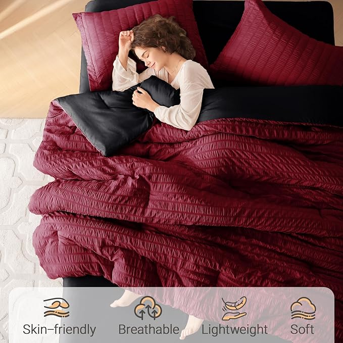 MUXHOMO 7 Pieces California King Comforter Set, Seersucker Bed in a Bag Cal King Size, All Season Luxury Bedding Set with Comforter, Flat Sheet, Fitted Sheet, Pillowcases & Shams, Red & Black