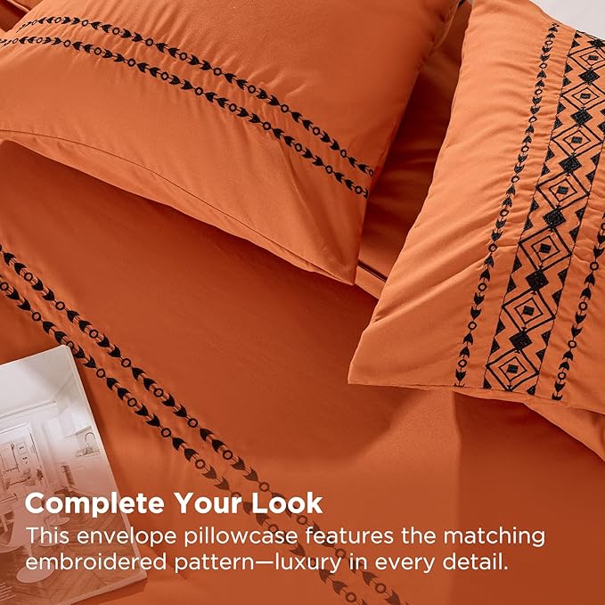 Embroidered Boho Comforter Set Queen Size, 3-Piece Western Shabby Chic Bedding Set - Fluffy Ultra Soft Microfiber with Intricate Design, Includes Comforter & 2 Pillowcases, Pumpkin(88"x88")
