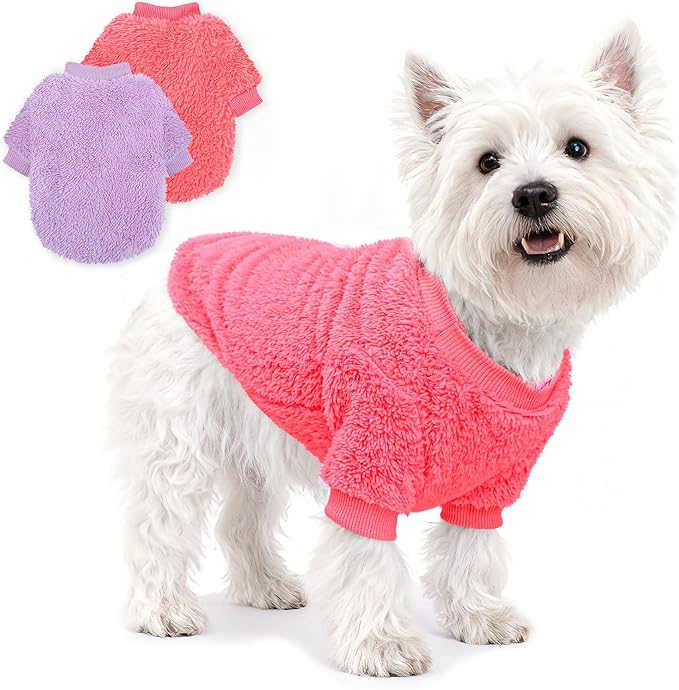 2 Pack Dog Sweaters Medium Size Dog, Fleece Sweaters for Small Dogs Girl, Winter Clothes French Bulldog Sweater, Warm Soft Puppy Sweatshirt Outfit for Toy Poodle Bichon, Pink+Purple, M