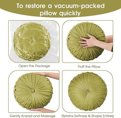 ROSE&RISY Round Pleated Velvet Throw Pillows, 2 Pcs Decorative Accent Pumpkin Pillow Cushion for Couch Sofa Chair Bed Car Home Decor (14.5 Inch, Olive Green)
