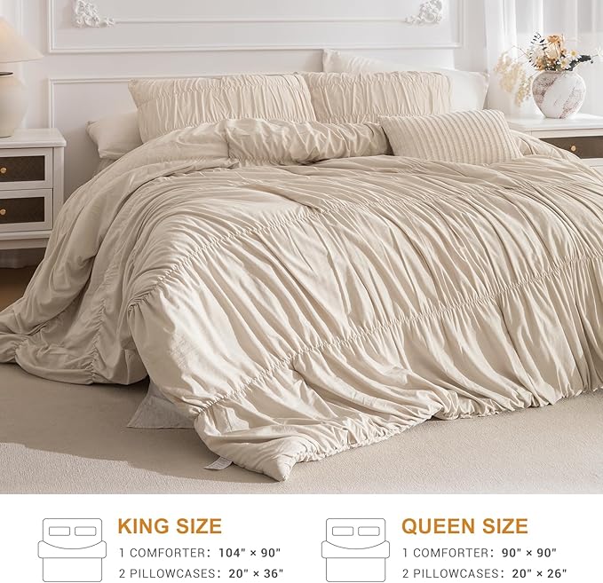 Masaca Queen Comforter Set,Ruched Ruffle Comforter Set Queen,3 Pieces Ultra Soft Lightweight Farmhouse Shabby Boho Chic Bedding (1 Wheat Comforter+2 Pillow Shams)