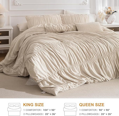 Masaca King Size Comforter Set,Shabby Boho Chic Bedding Wheat Ruched Ruffle King Comforter Vintage Rustic French Country Farmhouse Bedding Set Ultra Soft