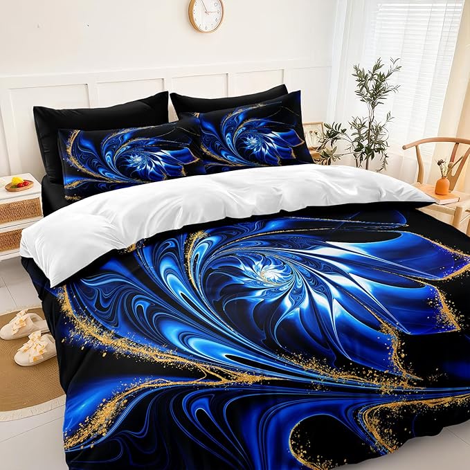 Blue Gold Comforter Black Marble Bedding Comforter Full Size Bed Set Black Gold Swirl Marble Natural Design Tie Dye Watercolor Abstract Bed in a Bag Dark Blue