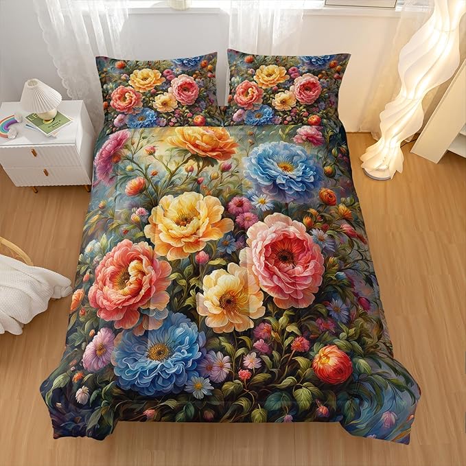 Vintage 3D Flower Floral Comforter Set King Size 3PCS,Colorful Flowers Pattern Bedding Set for Teen Adult,Floral Themed Room Decor Ultra-Soft Lightweight Microfiber with 2 Pillowcases