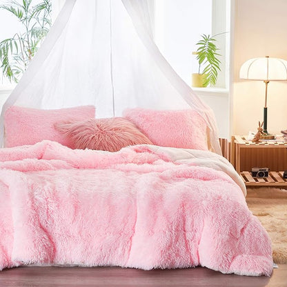 Joyreap 3-Piece Plush Shaggy Comforter Set, Full/Queen Size Luxury Faux Fur Sherpa Reversible Bedding Comforter Set, Ultra Cozy Warm Fluffy Bedding Set for Winter (Pink, 88x88 inches)
