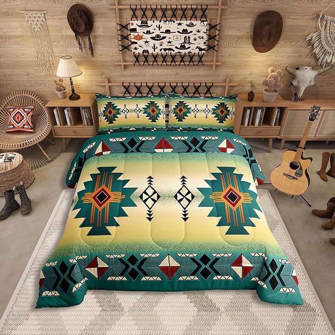 Erosebridal Boys Western Aztec Bedding Set Queen Size, Native Tribal Ethnic Comforter Set Farmhouse Boho Geometric Duvet Insert Southwestern Ethnic American Native Quilt for Adult Men,Green Yellow