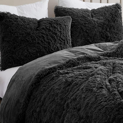 Queen Luxury Faux Fur Comforter Set - Soft & Breathable 7-Piece Bedding Collection - 1 Comforter, 1 Fitted Sheet, 1 Flat, 2 Pillowcases, 2 Pillow Shams - Deep Pocket - Premium Quality, Black