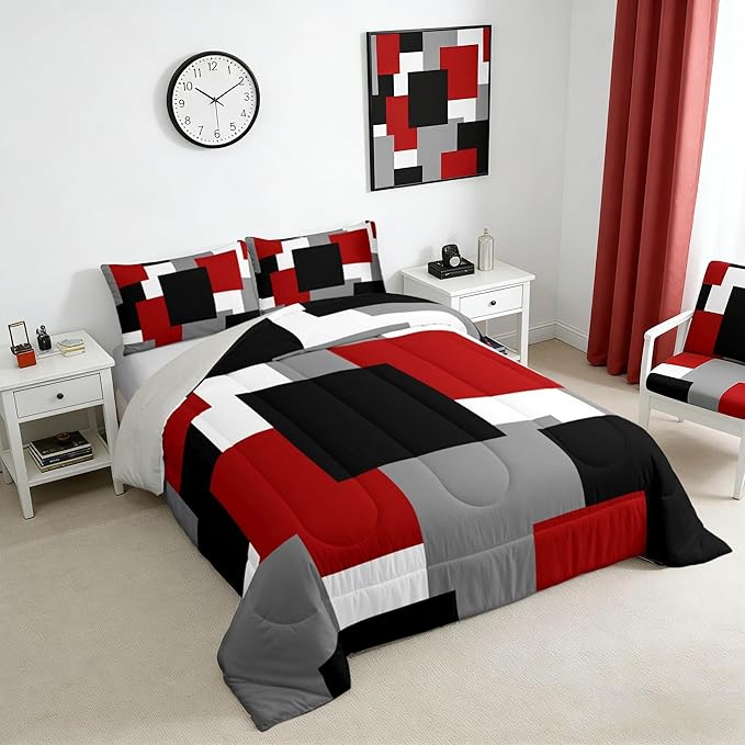 Castle Fairy Red Grey Black Comforter Set with 2 Pillowcases,Geometric Grid Square Splicing Super Soft Microfiber Bedding Set for Adults Teens,Modern Abstract Duvet Set for Room Decor,King