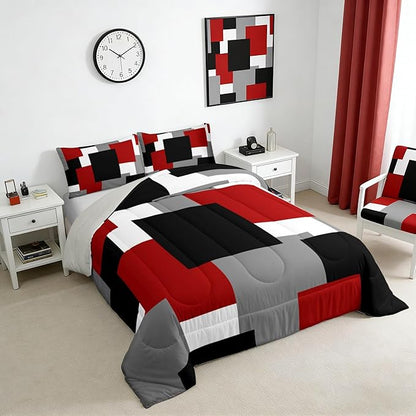 Castle Fairy Red Grey Black Comforter Set Queen Size,Geometric Grid Square Splicing Down Alternative Adults Room Decor,Modern Abstract Ultra Soft Microfiber Inner Fill 3Pcs Bedding