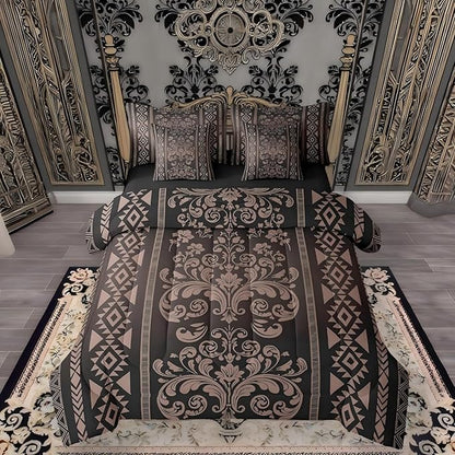 Comforter Set Full Size, Chocolate Brown Damask Aztec 7 Pcs Bedding for Kids Adults, Antique Decor Western Baroque Gothic Bed Sheet Sets with Fitted Sheet 2 Pillowcases & 2 Shams for Bedroom Bed Decor