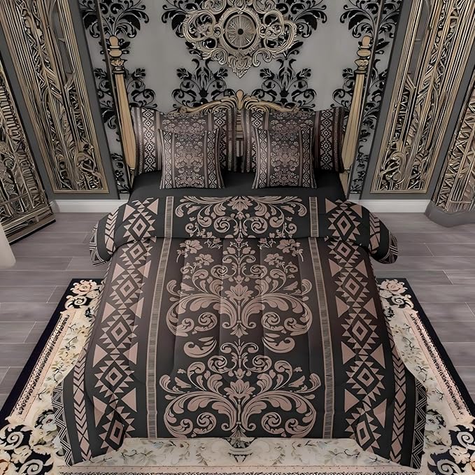 Comforter Set Twin Size, Chocolate Brown Damask Aztec 7 Pcs Bedding for Kids and Adults, Baroque Western Gothic Floral Bed Sheet Sets with Fitted Sheet 2 Pillowcases & 2 Shams for Bedroom Bed Decor