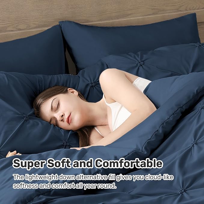 UNIKOME King Size Comforter Set Navy/Royal Blue - Ultra Soft Pintuck Down Alternative Bedding Set for All Seasons, 3 Pieces Lightweight Warm Pinch Pleat Bed Set with Comforter, 2 Pillowcases