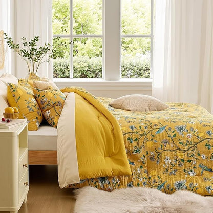 MUSSEL Bedding California King Size Comforter Set 3 Pieces,Yellow Vintage Botanical Floral Pattern Bed Comforter Sets,Boho Whimsical Modern Printed Design Cute Seersucker Bedroom Comforter and Shams