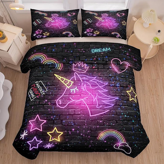 Tailor Shop Unicorn Comforter Sets Queen Size,Black Unicorn Bedding Sets for Girls Kids Teens with 2 Pillowcase…