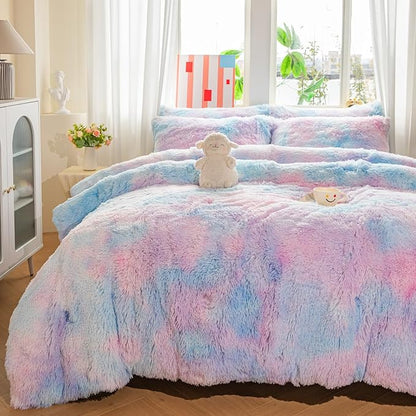 chovy Faux Fur Plush Tie-Dyed Colorful Blue Comforter Sets Full/Queen - Ultra Soft Shaggy Flannel Velvet Fluffy Fuzzy 3PC Bedding Set （Comforter x 1 Pillowcases x 2）