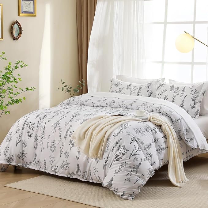 MUXHOMO White Bed in a Bag Queen 7 Pieces, Queen Comforter Set Reversible Botanical Flowers Design, Ultra Soft & Breathable Bedding Sets with Comforter, Sheets, Pillowcases & Shams