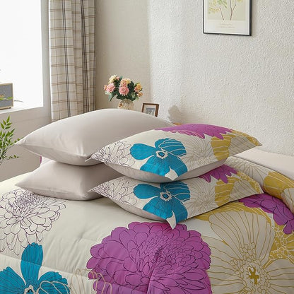 Yiran Pink Teal Beige Comforter Set King Size,7 Pieces Bed in a Bag Colourful Floral Comforter Boho Microfiber Lightweight Bedding Set for All Season (104''x90'')