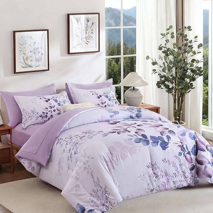 Xruibed Purple Comforter Set Queen Size 7 Pieces Bed in a Bag, Botanical Floral Print Bed Sets, Elegant Flower Comforter with Sheet Set, Soft Microfiber Bedding Set for All Season (Purple, 90"x90")