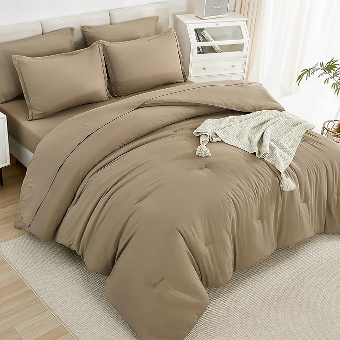 Litanika Queen Comforter Set Taupe - 7 Pieces Bed in a Bag Queen Bedding Comforter Sets, Solid Lightweight Bed Set with Comforter, Sheets, Pillowcases & Shams