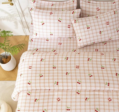 SDY 7PCS Pink Cherry Plaid Comforter and Sheet Set Full Size, Super Cute Soft Microfiber Gingam Bedding Set Includes 1*Comforter,1* Flat Sheet, 1*Fitted Sheet,2*Pillowcases and 2*PillowcaseShams