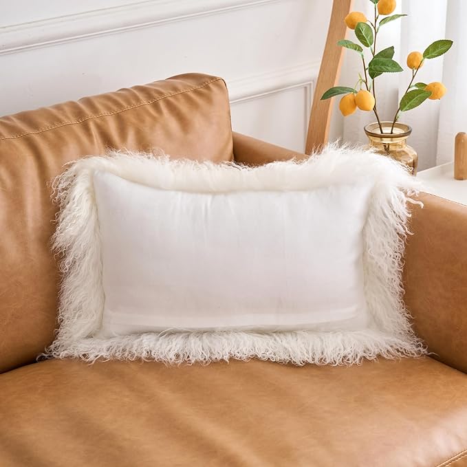 Genuine Mongolian Lamb Fur Pillow Cover – 12"x20" Rectangular Cushion Case – Soft Curly Wool Decorative Accent for Sofa, Bed, or Chair (Natural White)
