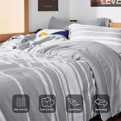 Bedsure Twin Comforter Set 5 Pieces, Grey Striped Bedding Set for All Seasons, Reversible, Cationic Dyeing Bed in a Bag with Comforter, Sheets, Pillowcase & Sham
