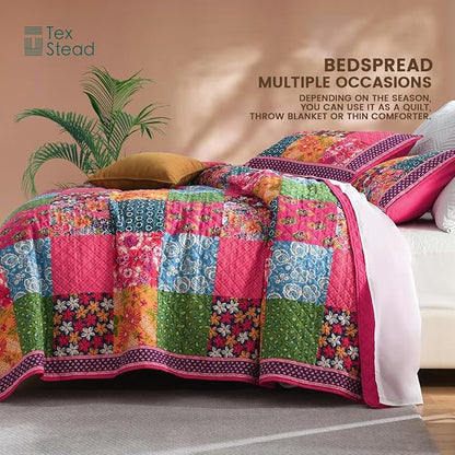 Twin Quilt Set for Bed - 100% Cotton Quilts Patchwork Comforter Coverlet Bedspread Reversible 68"x90" with 1 Pillow Shams
