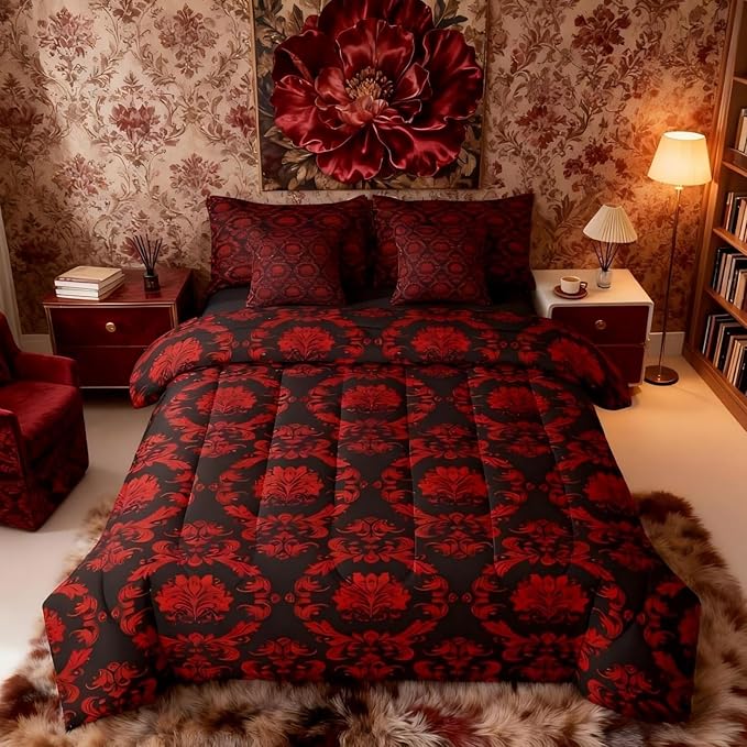 Erosebridal Black and Red Damask Queen Comforter Set with Sheets | Victorian Decor Gothic Vintage Floral 7-Piece Bedding Set Baroque Goth Bed in a Bag, Luxury Bohemian Bed Sets