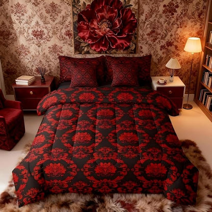 Erosebridal Black and Red Damask Queen Comforter Set with Sheets | Victorian Decor Gothic Vintage Floral 7-Piece Bedding Set Baroque Goth Bed in a Bag, Luxury Bohemian Bed Sets