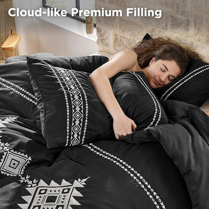 Embroidered Boho Comforter Set Twin Size, 2-Piece Western Shabby Chic Bedding Sets - Fluffy Ultra Soft Microfiber with Intricate Design, Includes Comforter & 1 Pillowcase, Black(68"x88")
