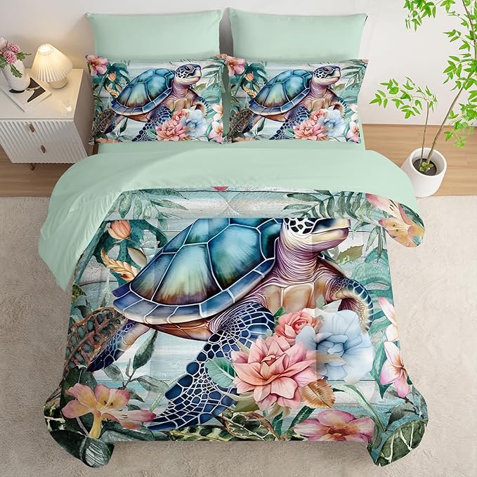 Spring Sea Turtle Comforter Set 7 Pcs Bedding Set Full Size,Spring Sea Turtle Theme Bedding Set 7 Piece in A Bag,Wooden Floral Tropical Plants Printed Quilts Set Lightweight Soft