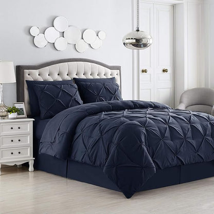 King Size Comforter Set 8 Piece Bed in a Bag with Bed Skirt, Fitted Sheet, Flat Sheet, 2 Pillowcases, 2 Pillow Shams, King, Pintuck Navy