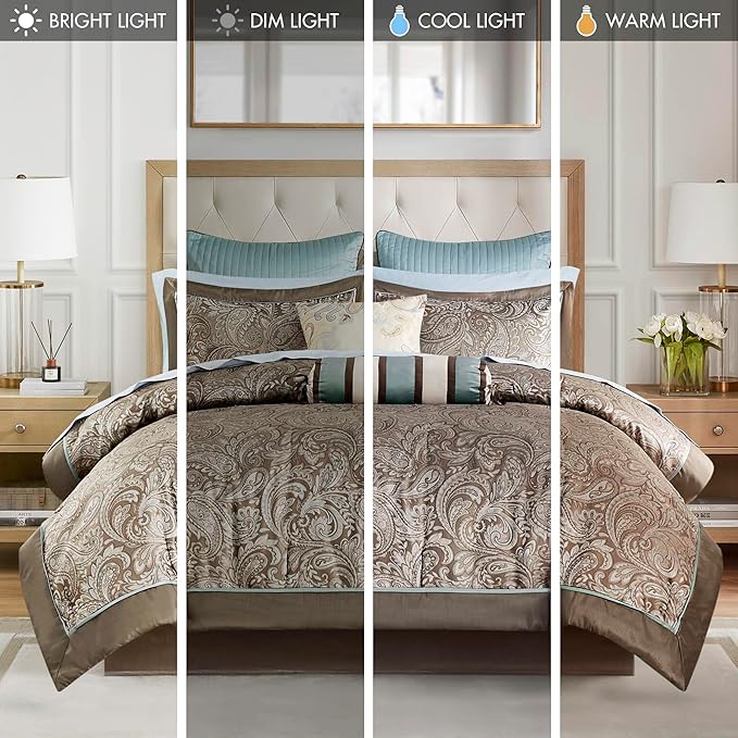 Madison Park Aubrey Cozy Comforter Set, Faux Silk Jacquard Paisley Design - All Season Down Alternative Bedding with Cotton Bed Sheets, Bed Skirt & Toss Pillows, King Blue 12 Piece