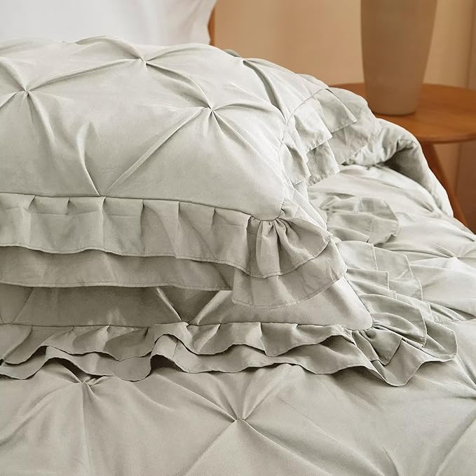 Light Grey Bedding Comforter Sets Full Size 3 Pcs with 1 Comforter and 2 Pillowcases Pinch Pleated Pintuck Ruffles Rustic Shabby Farmhouse Bedding Set All Season Lightweight Bed Sets