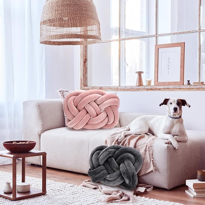 Sintuff Set of 2 Velvet Knot Pillow Ball 14 x 16 Inch Soft Decorative Knotted Throw Pillow for Christmas Thanksgiving Couch Home Sofa Bedroom Decor to Add Comfort and Style(Pink and Gray)