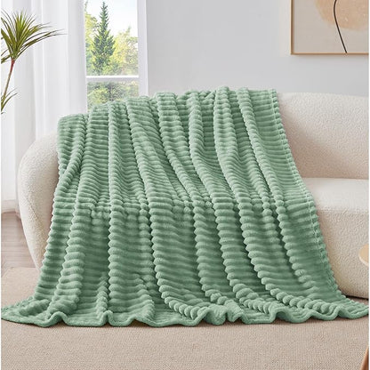 BEDELITE Fleece Throw Blanket for Couch - 300GSM Soft & Warm Fluffy Green Blanket, Decorative and Giftable Striped Blankets for Women, Men, 50"x60"