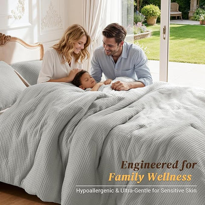 Shilucheng Waffle Cotton King Size Comforter Set - 3 Piece Bedding Set with Comforter and 2 Pillow Shams, Soft & Breathable All-Season Waffle Weave Comforter, Machine Washable, Grey