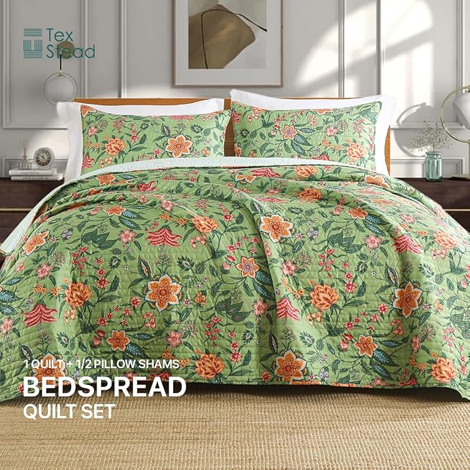 Quilt Set Queen Size Floral Patchwork Quilted, Soft Comforter Set Bedding Sets, Coverlet Bedspread Decorative Quilts with 2 Pillow Shams 90"x90"