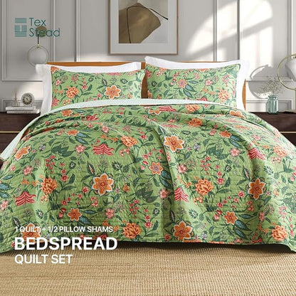Quilt Set Queen Size Floral Patchwork Quilted, Soft Comforter Set Bedding Sets, Coverlet Bedspread Decorative Quilts with 2 Pillow Shams 90"x90"