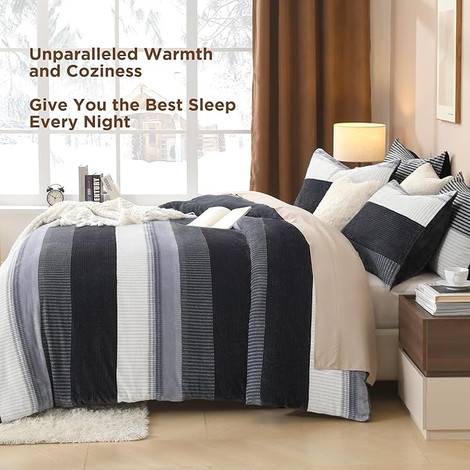 Litanika Fluffy Fleece King Size Comforter Set, Luxury Soft Plush Fuzzy Dark Grey Stripe Bedding Comforter Sets, Warm Shaggy Faux Fur Bed Set All Season (1 Comforter, 2 Pillowcases)