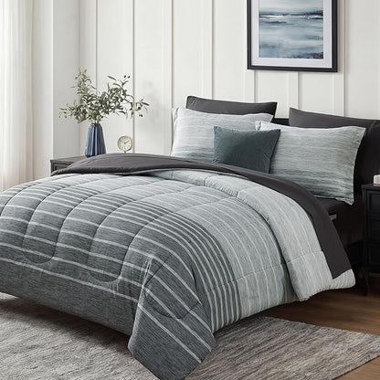 Monbix Full Size Comforter Set - 7 Pieces Bed in a Bag Full, Grey-Stripe Bedding Sets, All Seasons Comforter Bed Set with Sheets, Pillowcases & Shams