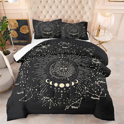 Tailor Shop Sun and Moon Bedding Set Twin for Girls Boys Kids Teens Bedroom Decor, 3D Print Boho Exotic Black Gray Comforter Set Twin Bedding with 1 Matching Pillowcase