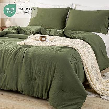 Dark Olive Green Bed Comforter Queen Set - Super Soft Washed Polycotton Fabric - Cozy Comfy Down Alternative Bedding Blanket Comforter Set and Pillowcases Lightweight but Warm for All Season